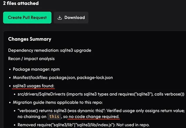 Snippet from fixing agent proposed change summary.