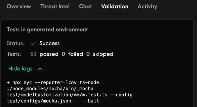 Validation output with results of unit test run.